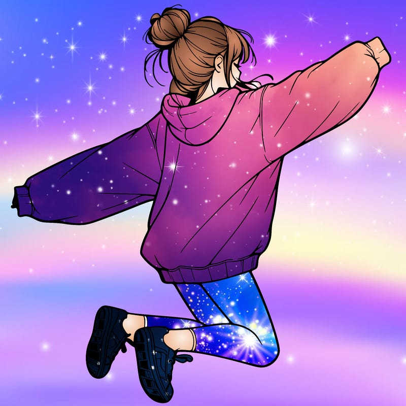 realistic girl jumping with a bun and oversized sweatshirt