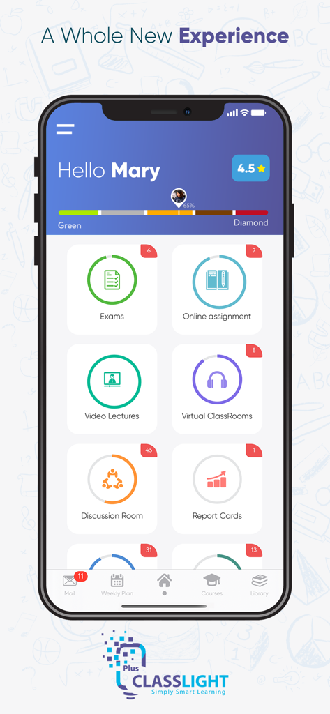 Classlight - Classlight app student dashboard showing educational tools like exams and video lectures with gamified progress tracking.