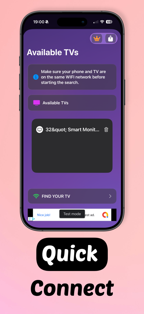Interface of the Remote Smart TV Universal app displaying a list of available smart TVs for connection over Wi-Fi