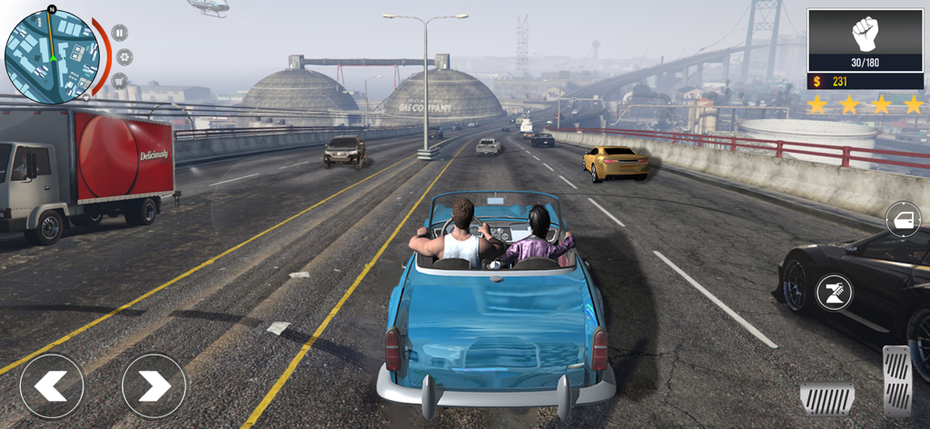 Gangster iv - Mafia Crime City - Gameplay of Gangster iv showing a blue convertible driving on a city highway