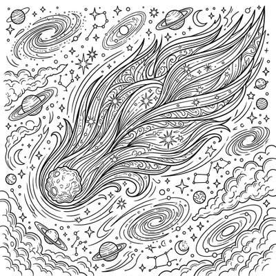 Blast off into a world of cosmic creativity with this captivating long-period comet coloring page, specially designed to inspire teen artists. Discover an intricate universe filled with celestial bodies and swirling galaxies, ready for your unique artistic touch.