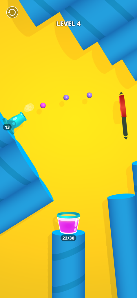Cannon Shot! - Gameplay screenshot of Cannon Shot showing a blue cannon shooting purple balls into a bucket on a yellow background