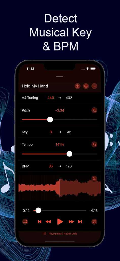 Interfaz de la aplicación Music Speed Changer mostrando herramientas de detección de tono y BPM musical
