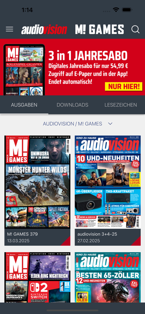 audiovision/M! - Digital library view of audiovision and M Games magazine covers featuring home theater and gaming content