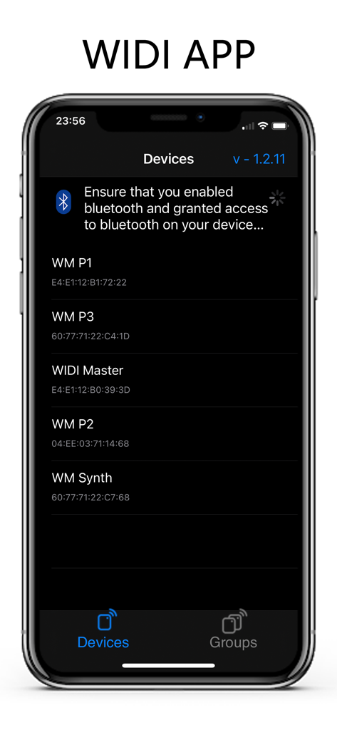 Smartphone screen showing the WIDI App interface with a list of connected wireless Bluetooth MIDI devices.