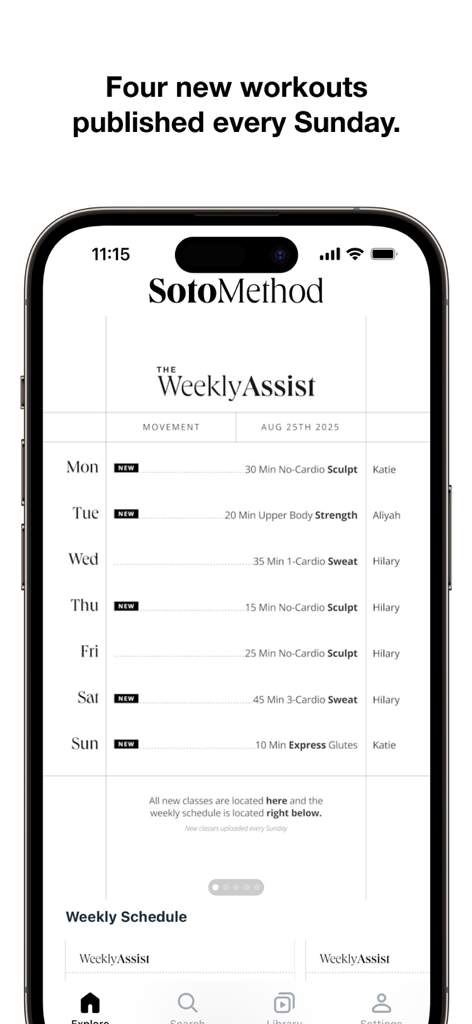 Soto Method - Horario semanal de clases de fitness mostrado dentro de la interfaz de la aplicación móvil Soto Method.
