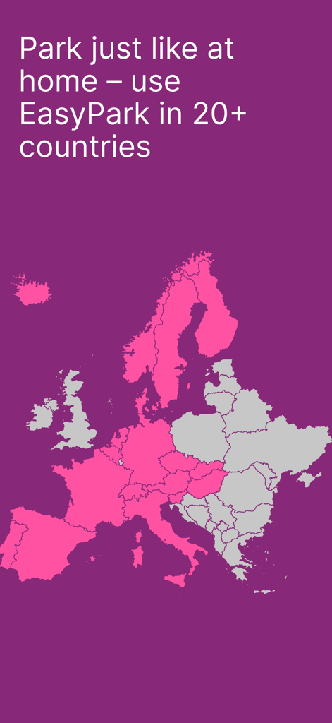 A map of Europe highlighting countries where EasyPark services are available in over 20 countries.