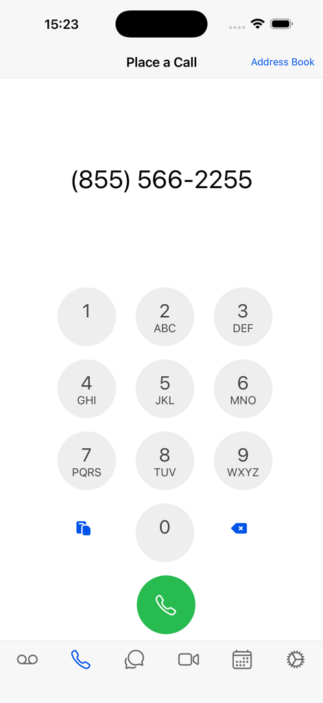 On Call Central mobile app dialer screen showing a numeric keypad for placing medical calls.