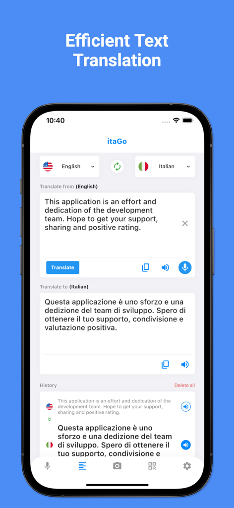 Pantalla de la aplicación móvil itaGo para traducción de texto de inglés a italiano