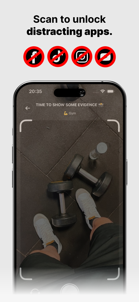 One Thing: Earn Your Scroll - A smartphone screen showing the One Thing app camera verification feature scanning dumbbells in a gym to unlock restricted social media apps