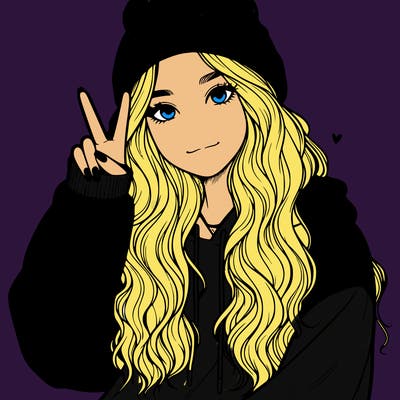 a teenage girl in a beanie, oversized sweatshirt, wavy long hair, and is showing a ✌️