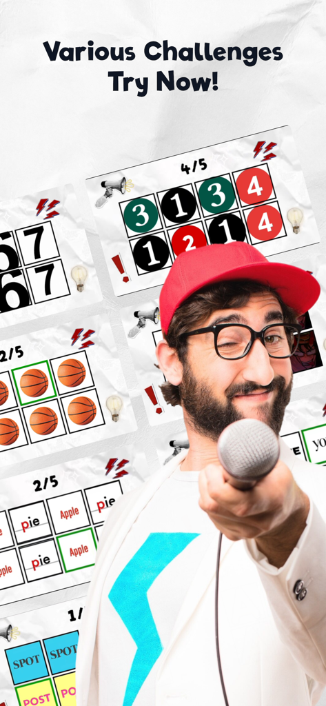 マイクの前で、Say The Word on Beatアプリのさまざまなゲームチャレンジボードを持っている男性