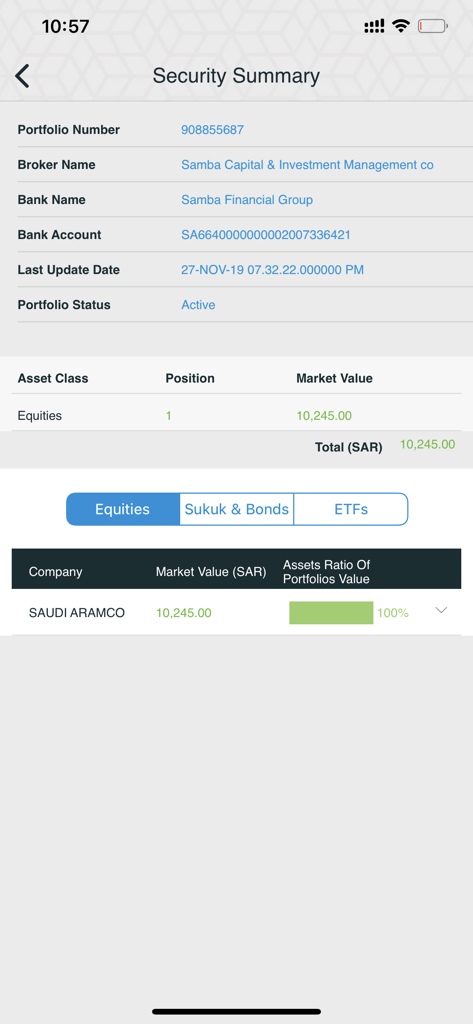 Tadawulaty - تداولاتي - Tadawulaty app screen showing a security summary with portfolio details and Saudi Aramco equity holdings