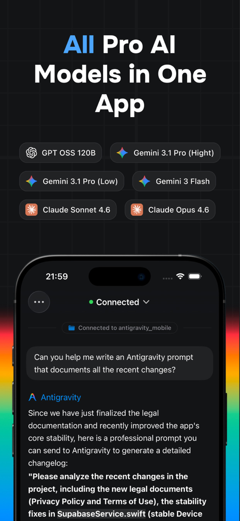 Mobile IDE for Antigravity AI - Antigravity AI mobile app screenshot displaying supported pro AI models and a coding assistant chat interface