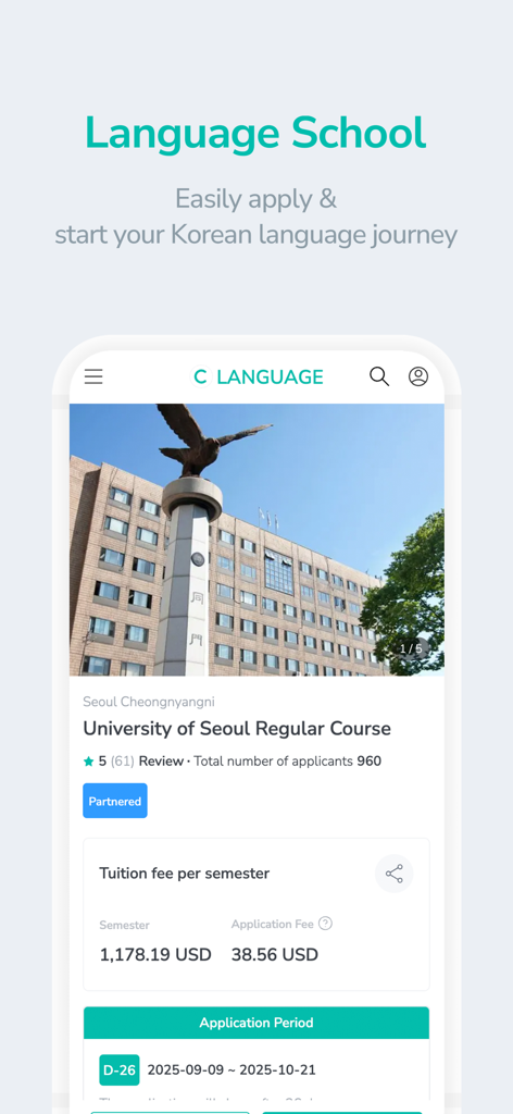 Creatrip: Korea Your Way - 서울대학교 정규 한국어 과정 신청 세부 정보를 보여주는 크리에이트립 앱 인터페이스입니다.