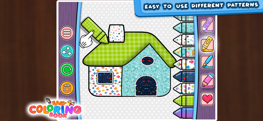 Coloring Games: Learn & Paint - Kids coloring app interface showing a house being decorated with green checkered and blue heart patterns