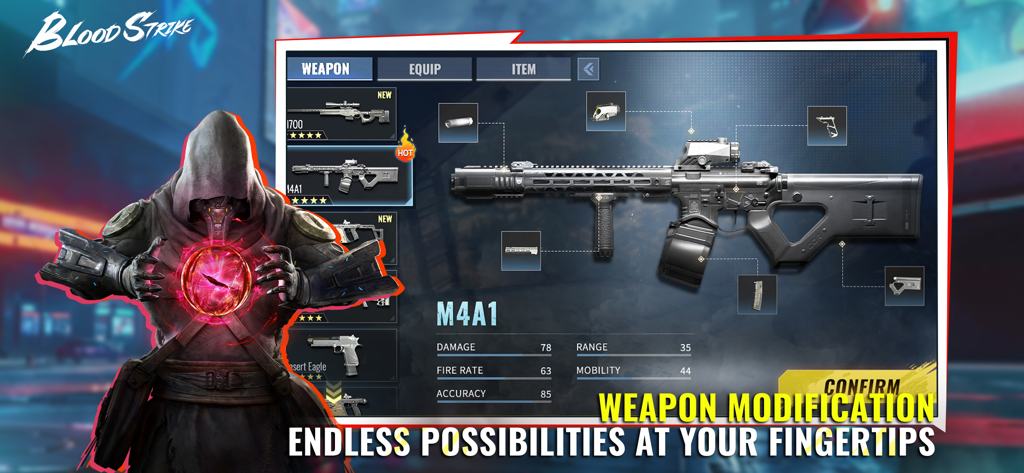 Pantalla de personalización de armas de Blood Strike mostrando un rifle de asalto M4A1 y varias opciones de accesorios