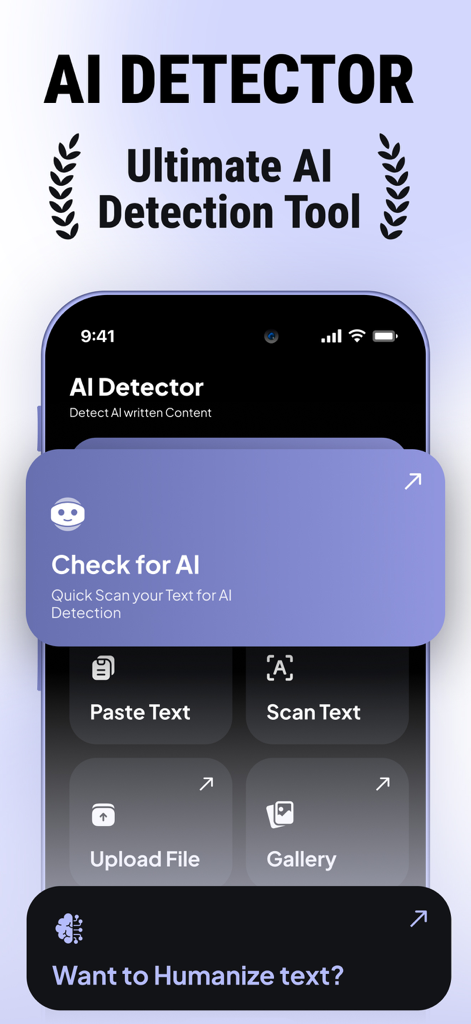 AI Detector - Text Humanizer - Interface of the AI Detector app showing options to scan, paste, or upload text to detect AI and humanize content.