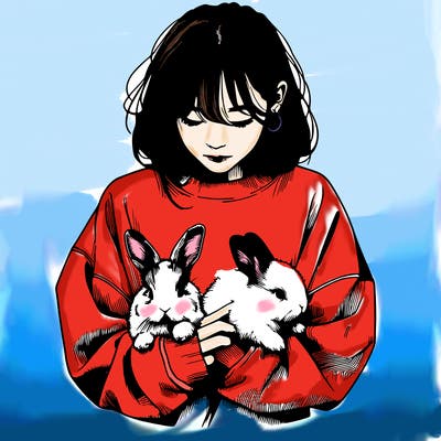 realistic girl with messy bunny baggy sweatshirt and holding bunnies