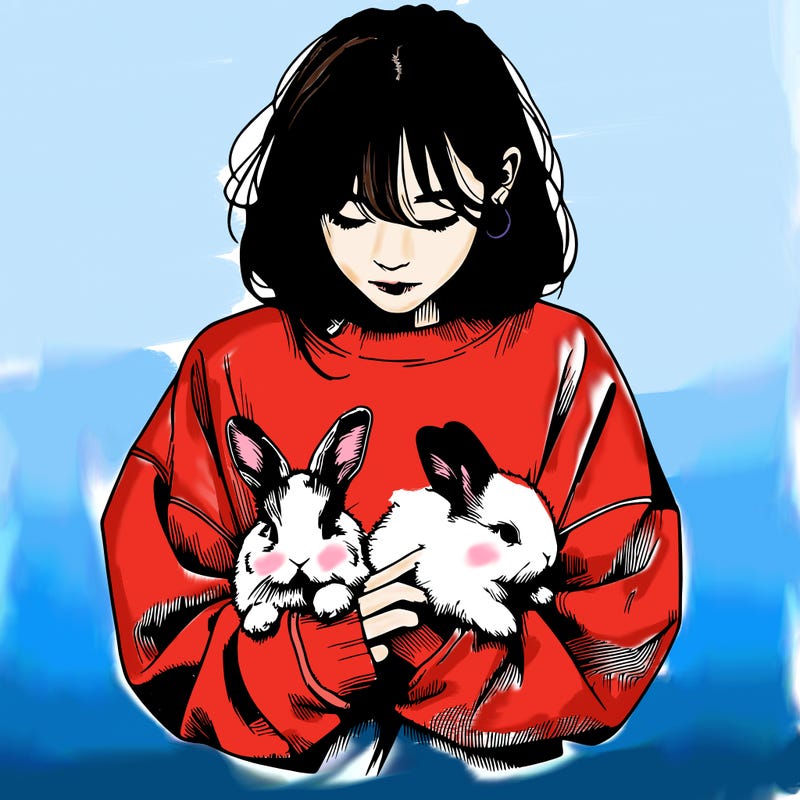 realistic girl with messy bunny baggy sweatshirt and holding bunnies