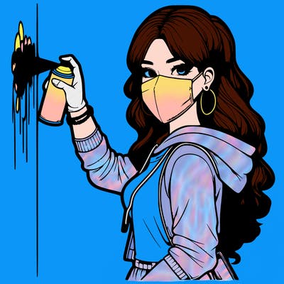 realistic girl with mask spray painting a wall