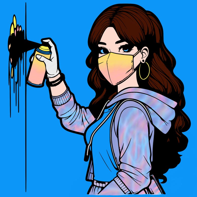 realistic girl with mask spray painting a wall