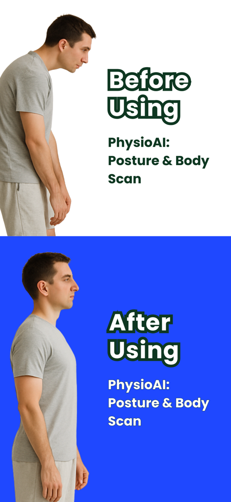 PhysioAI: Posture & Body Scan - Comparación de antes y después de un hombre con una mejor postura erguida después de usar la aplicación de escaneo corporal PhysioAI