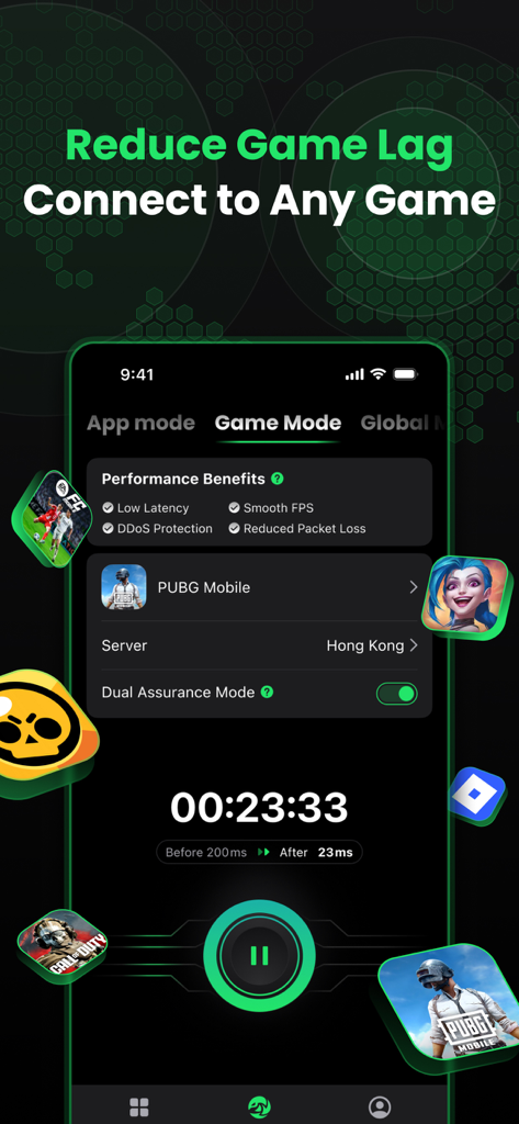 SafeShell VPN: Fast & Secure - SafeShell VPN Game Mode interface showing ping reduction for PUBG Mobile