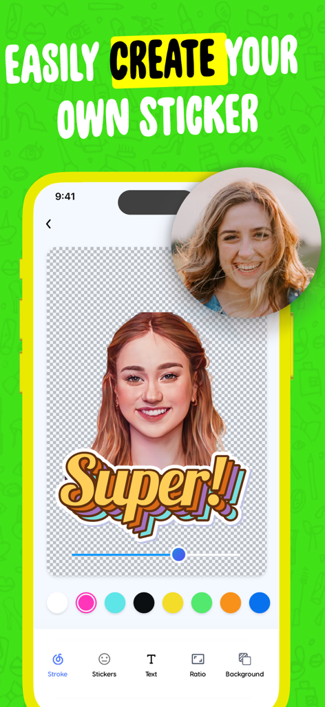 Interface of Sticker Maker app showing a personalized sticker creation process from a photo