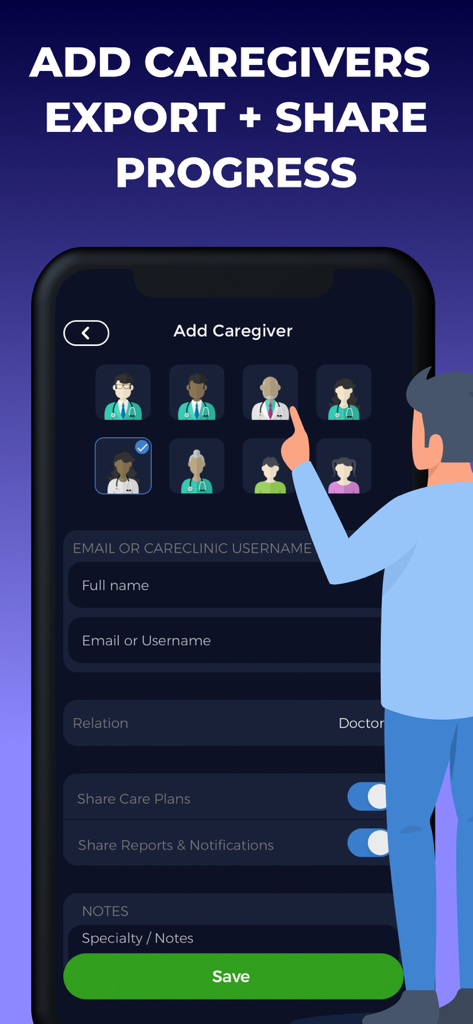 Pill Reminder & Tracker App - Interface of the Pill Reminder app showing the Add Caregiver feature for sharing health reports and care plans