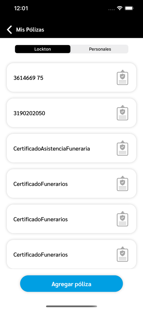 Mobile app screen showing a list of insurance policies and certificates in beMobile Lockton Mexico