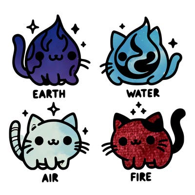 4 cats that represent the different elements, earth, water, air, and fire