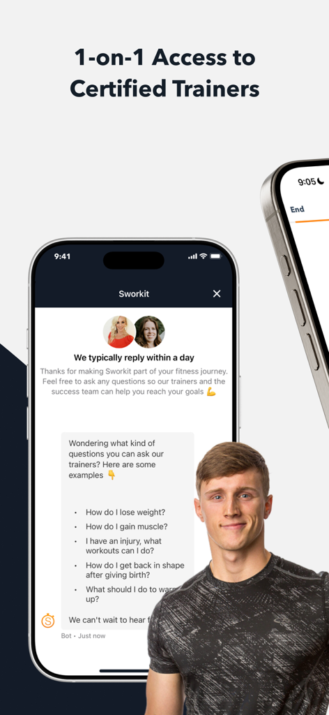 Sworkit Fitness & Wellness App - Sworkitアプリの画面。チャットインターフェースを介した認定フィットネストレーナーへの1対1アクセスを特集。