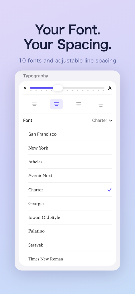 Markdown Reader - View Only - Typography settings screen in Markdown Reader app showing font selection list and adjustable line spacing controls