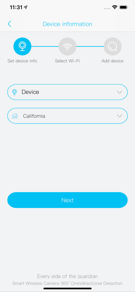 A setup screen in the Ubox app for adding a new security device showing the device information step and location selection.