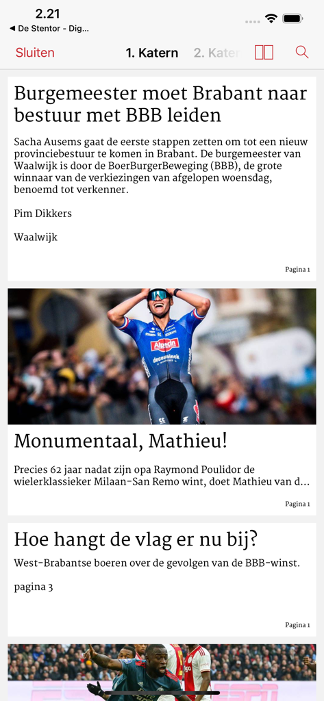 BN DeStem - Digitale krant - Digital newspaper interface of the BN DeStem app showing news and sports headlines in Dutch