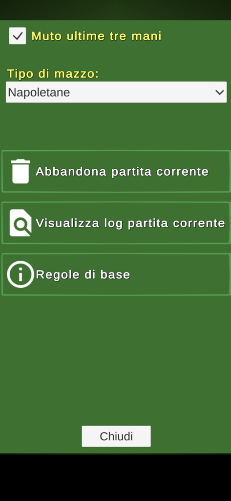 Tressette in 4 - Menu delle impostazioni dell'app di gioco di carte Tressette in 4 con opzioni per il tipo di mazzo e le regole