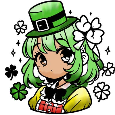 a manga-style girl with clovers around her, a little hat in her hair, like it's saint patrick's day