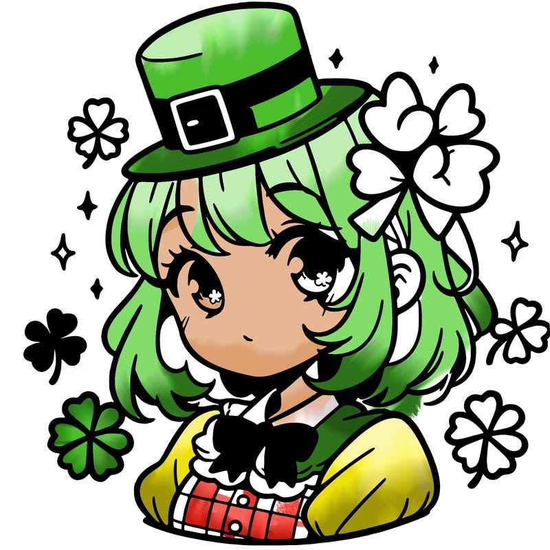 a manga-style girl with clovers around her, a little hat in her hair, like it's saint patrick's day