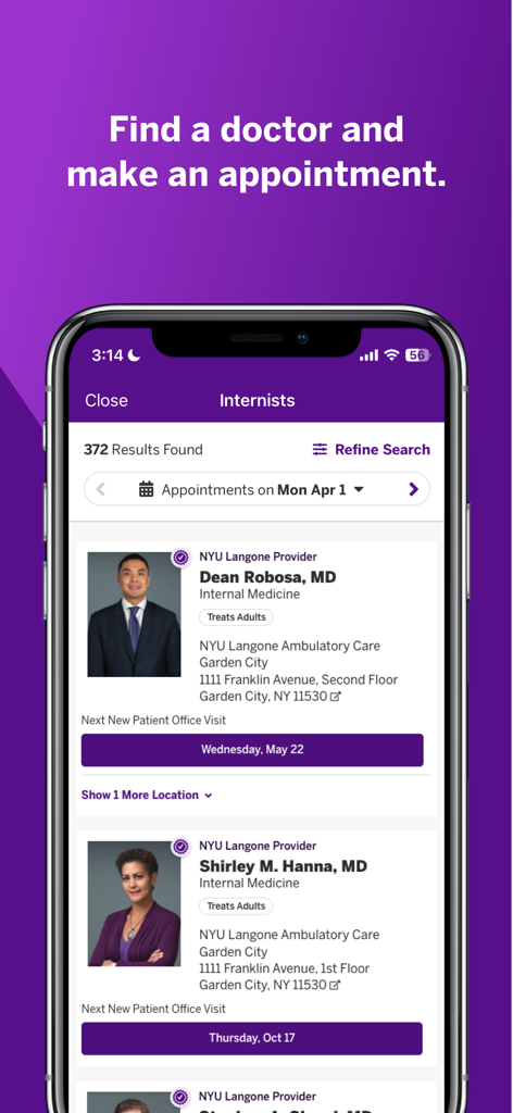 NYU Langone Health app screen showing search results for internal medicine doctors with available appointment dates.