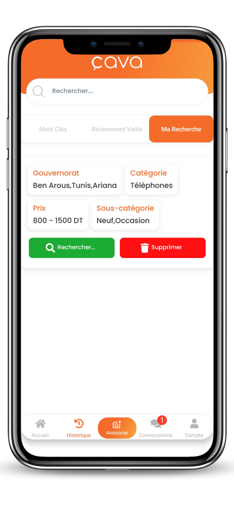 Interface de pesquisa do aplicativo Cava.tn com filtros de localização e preço na Tunísia