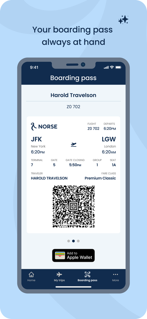 A digital boarding pass displayed on a smartphone within the Norse Atlantic Airways app showing flight details from New York to London with a QR code.