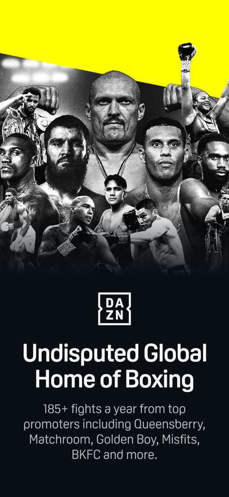 Marketing screen for the DAZN app featuring professional boxers and the title Undisputed Global Home of Boxing