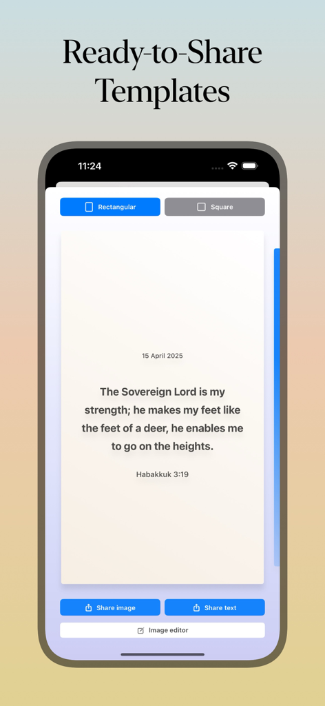 Verse of the day: Daily prayer - Mobile Benutzeroberfläche der App „Tagesvers“, die anpassbare Vorlagen zum Teilen biblischer Verse in sozialen Medien zeigt
