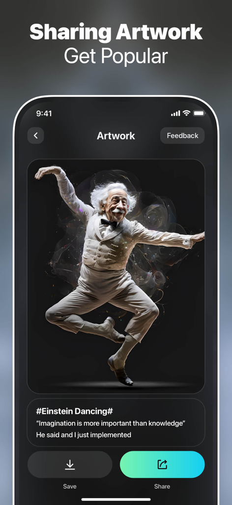 Smartphone screen showing an AI-generated image of Albert Einstein dancing with share and save options