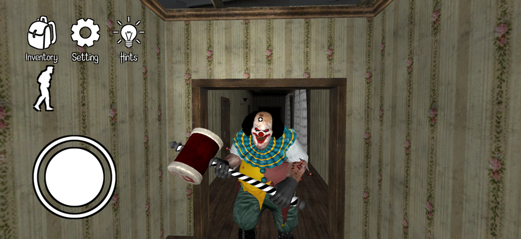 A scary clown holding a large hammer in a doorway within a horror escape game.