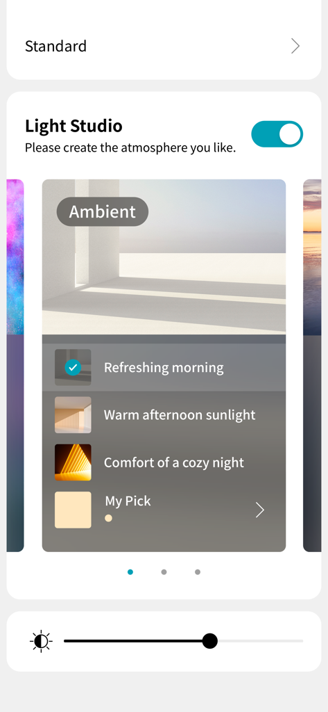 LG XBOOM – 2024 and earlier - Interfaz de la aplicación LG XBOOM que muestra los ajustes preestablecidos de iluminación ambiental del Light Studio y el control de brillo