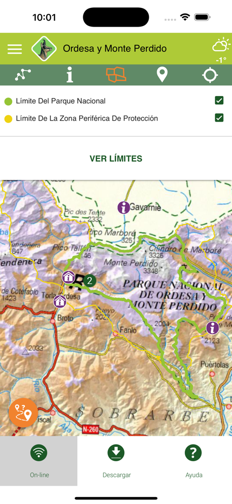 Map view of Ordesa y Monte Perdido National Park in the Parques Nacionales app