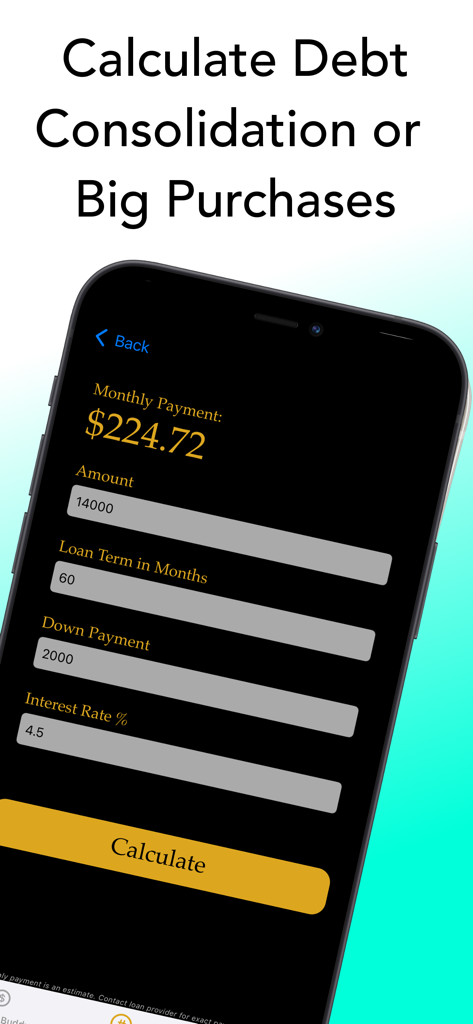 Money Buddy Expense Tracker - Money Buddy app interface showing a calculator for debt consolidation and monthly loan payments