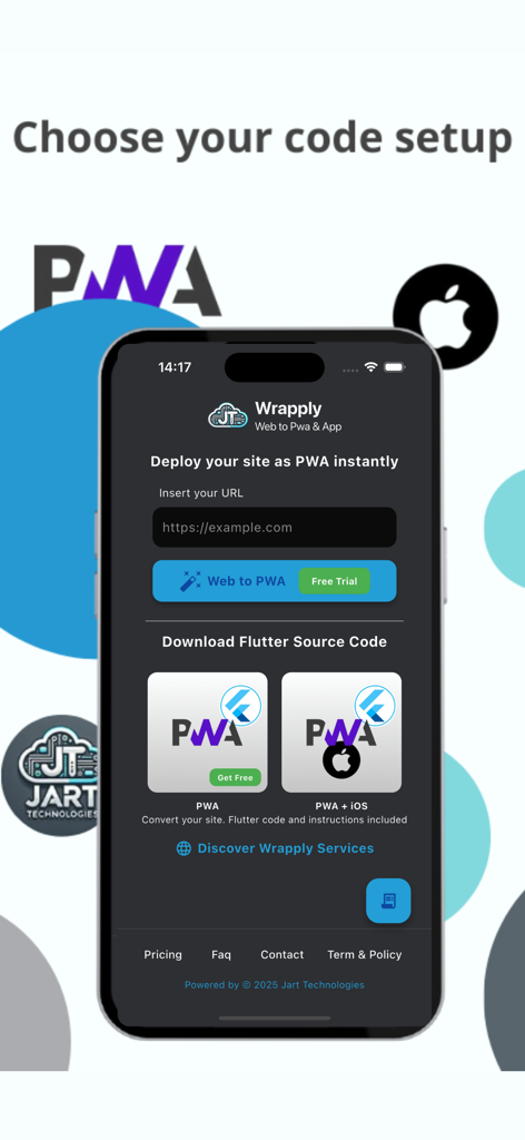 Wrapply Build App from Website - Wrapply mobile app screen showing options to convert a website into a PWA or download Flutter source code for iOS.